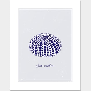 White sea urchin with blue dots. Realistic sea life drawings. Posters and Art